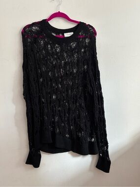 TAAKK black lace knit sweater with textured openwork design